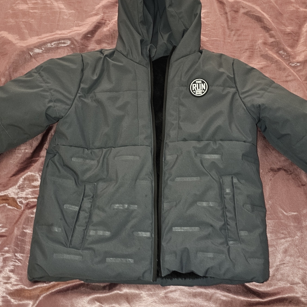 Boys' Black Hooded Puffer Jacket with Round 'RUN' Logo